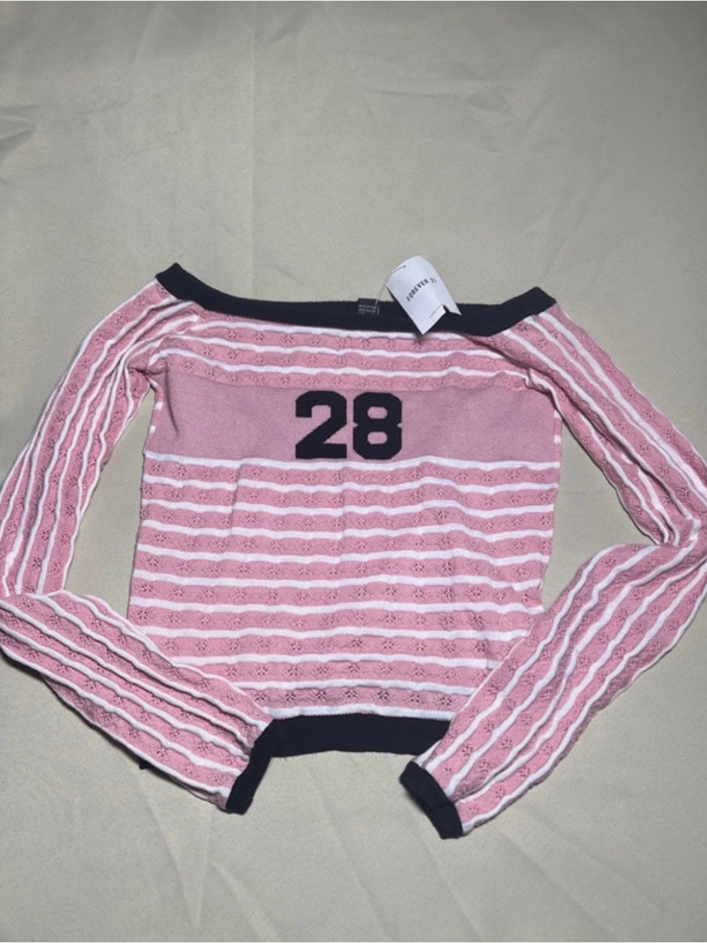 Forever 21 Pink Striped Off-the-Shoulder Sweater with Black Trim